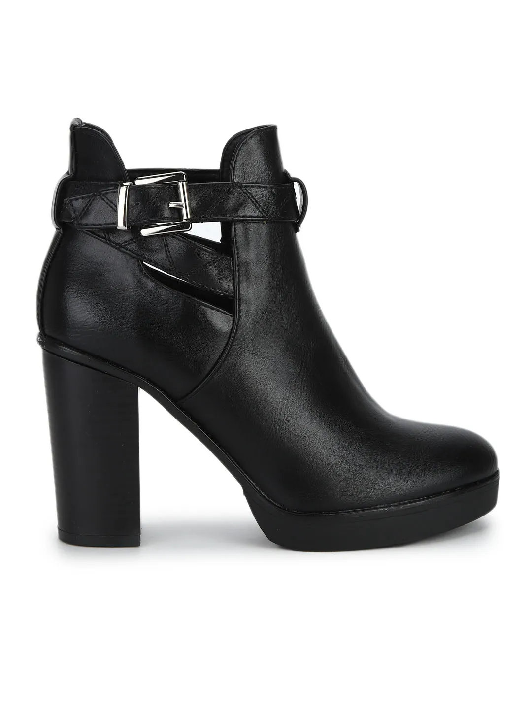 Black PU Buckle Block High Heel Ankle Boots