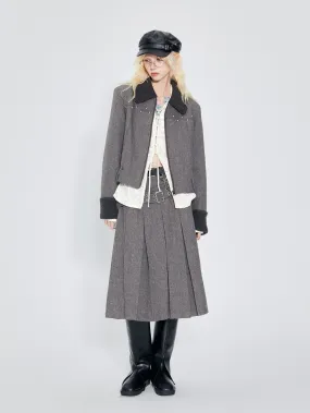 Box-Pleats Plain Belt Middle Flare-Skirt