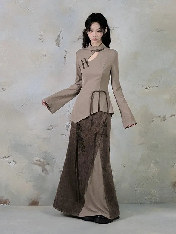 Chinese Style Buckle Switching Maxi Skirt