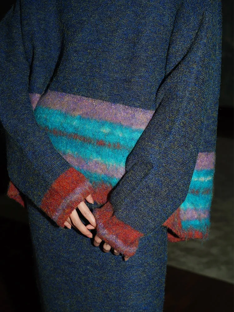 Contrast Color Border Design Loose Sweater & Knitted Skirt