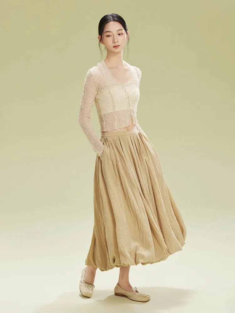 Crumply Wrinkled Balloon Natural Long-Skirt