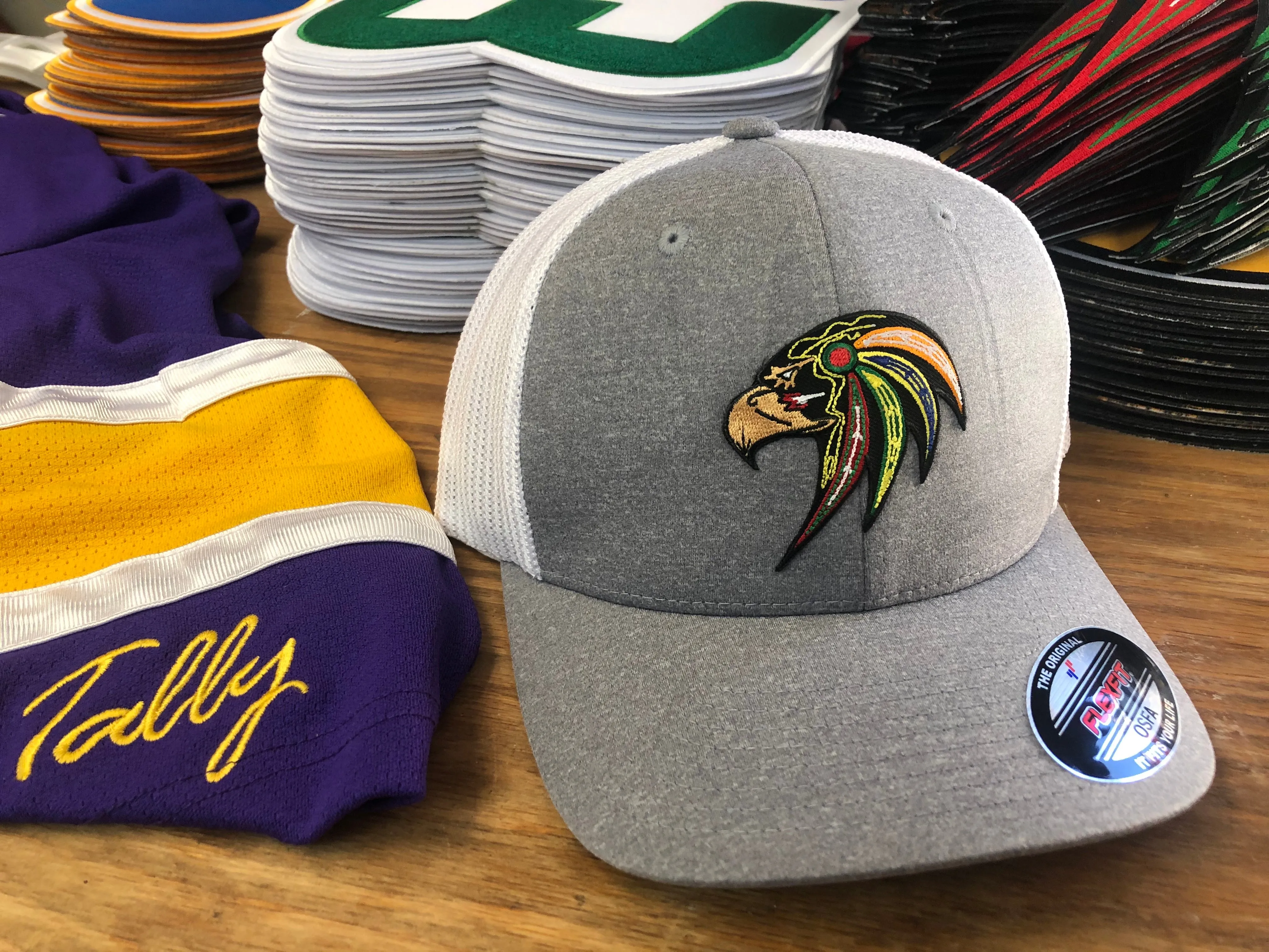 Flex-Fit Hat with a Hawk crest / logo $39 (Grey / White)