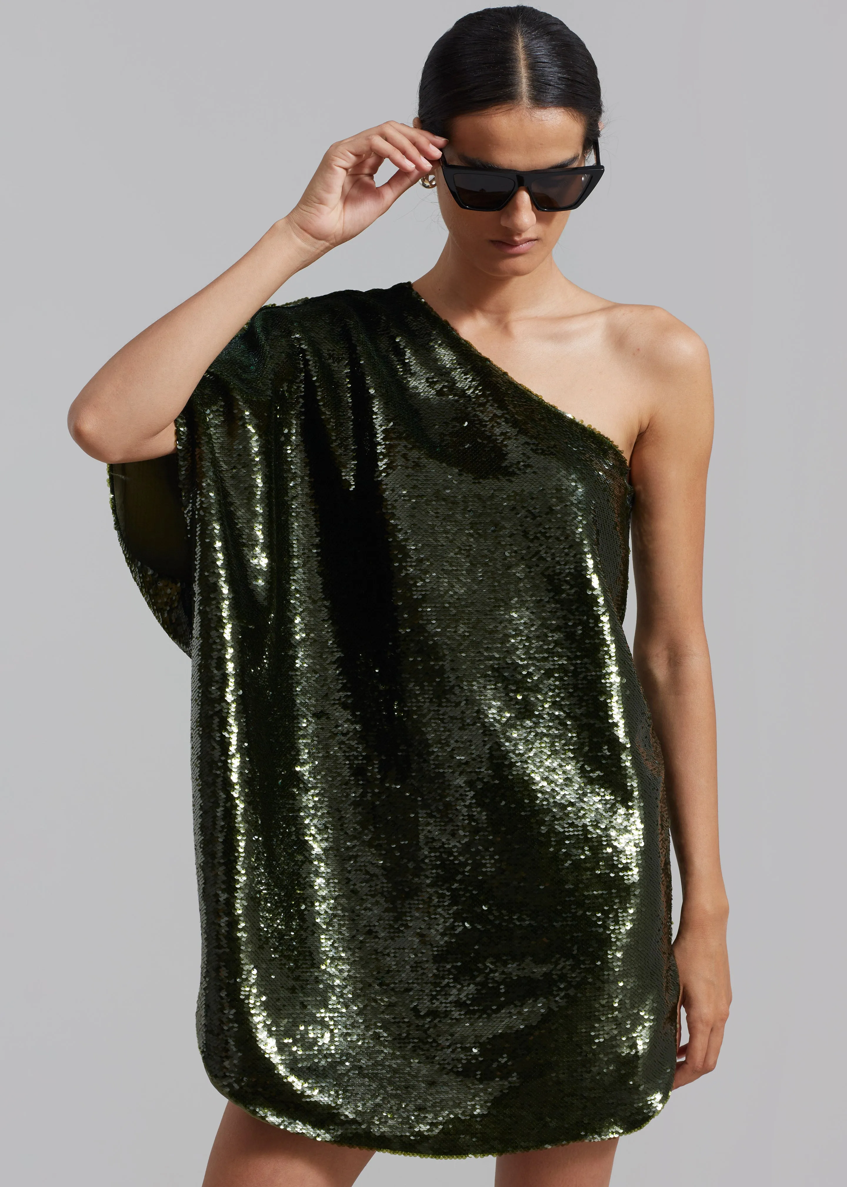 Gloria Sequins One Shoulder Dress - Olive