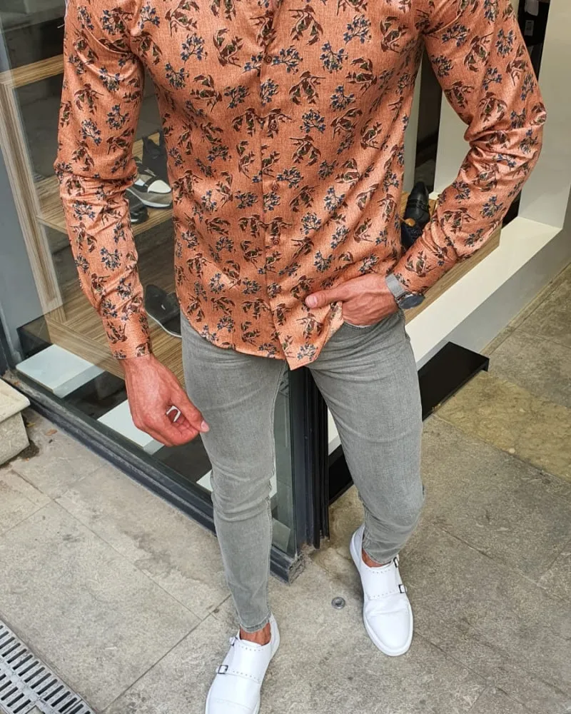 Milwaukee Brown Slim Fit Floral Cotton Shirt