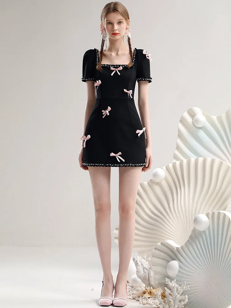 Ribbon Bijou Short Square-Neck Slim Half-Sleeve Dress