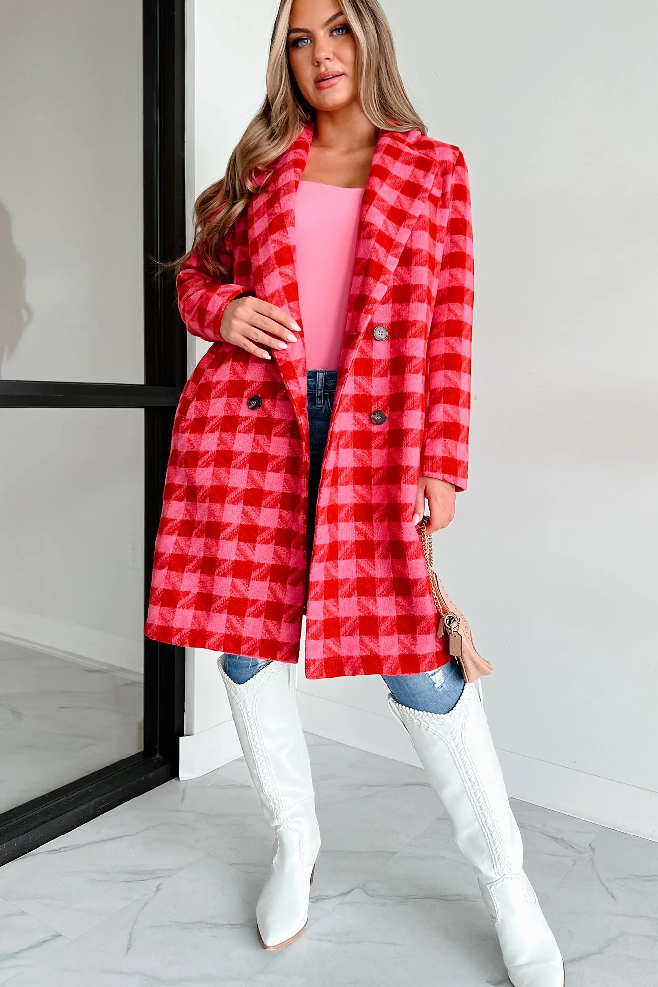 Sensibly Chic Houndstooth Plaid Coat (Pink/Red)