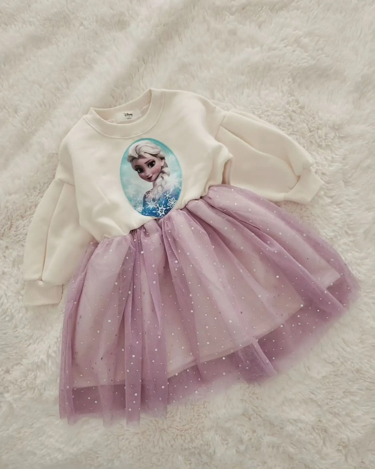 Toddler Fleece Lined Puff Sleeve Cotton Elsa Tulle Dress (15m-7y) - 2 Colors