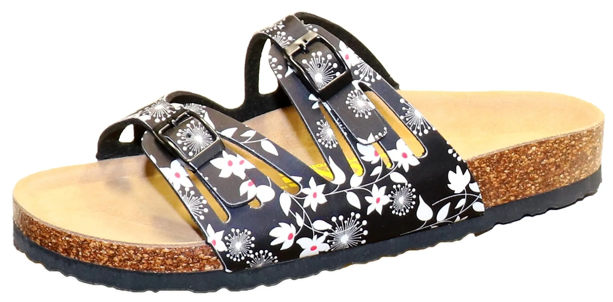 Two Buckle Cut Out Slide-Brama Floral Black