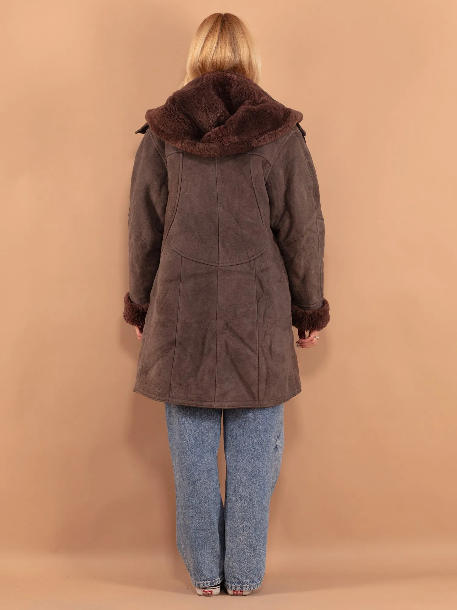 Vintage 80's Women Hooded Sheepskin Coat in Brown